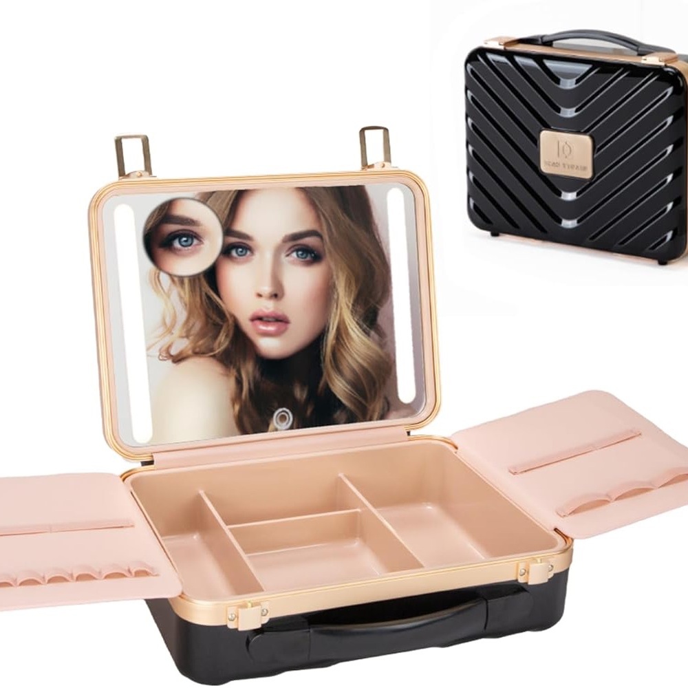 Black & Gold Makeup Case LED Lighted Mirror Portable Travel Makeup Organizer - Picture 2 of 10